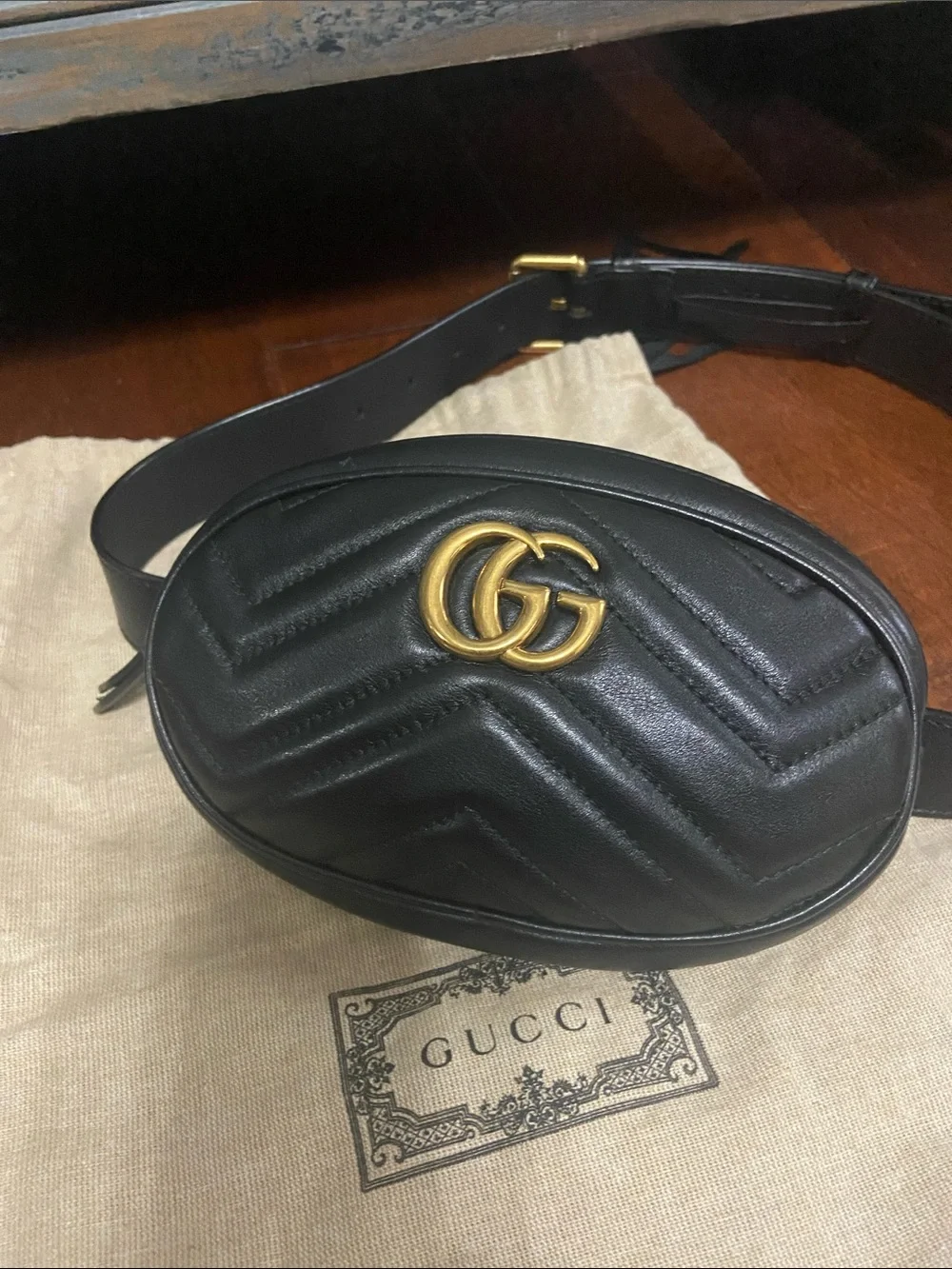 Gucci Black Leather GG Marmont Belt Bag with Gold Hardware